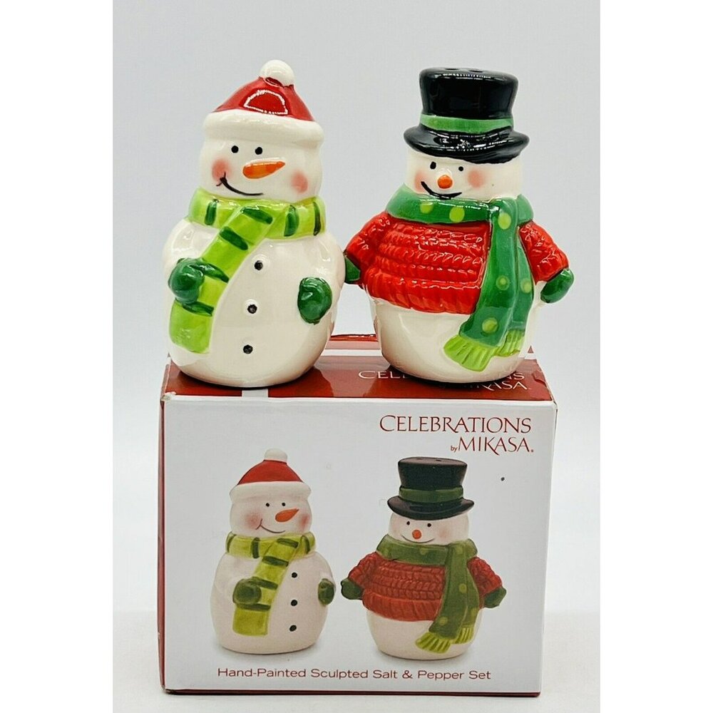 Celebrations By Mikasa Snowmen Salt Pepper Shakers Hand Painted Ceramic‎ Winter